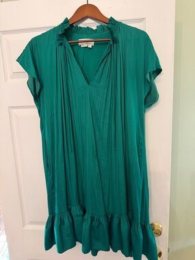 Anthropologie Teal Ruffle-Hem V-Neck Kelly Green Satin mini dress.